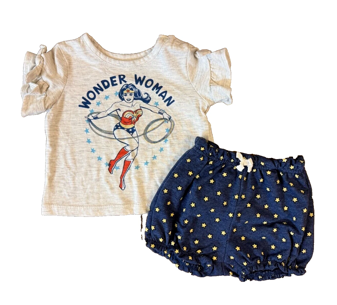 DC Comics Wonder Woman Baby Girl 3/6 Months Clothes 2 PC Outfit Shirt Shorts 2