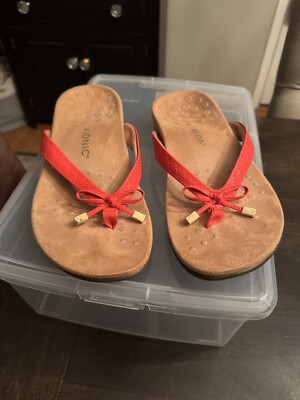 Vionic Leather Thong Flip Flop Sandal w/ Bow Bella II Woven Cherry Red  Wide