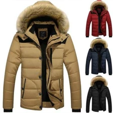 Men's Parka Quilted Jacket Fur Hooded Winter Warm Lined Parker Padded Coats New