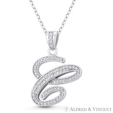 Initial Letter "C" Cursive Script CZ Crystal 925 Sterling Silver Rhodium Pendant