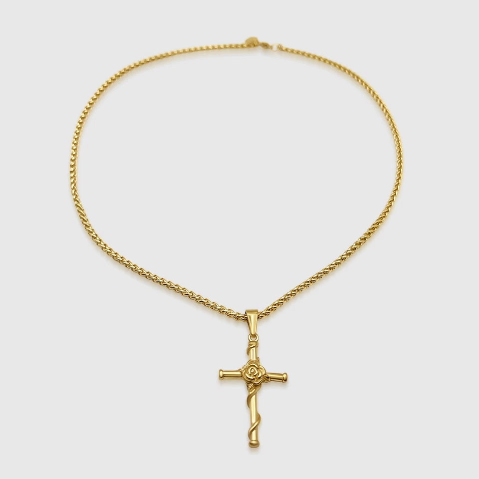 Crucifix Cross & Rose Jesus Christ Pendant/Necklace 18k Gold - Religious Jewelry - Image 4 of 4