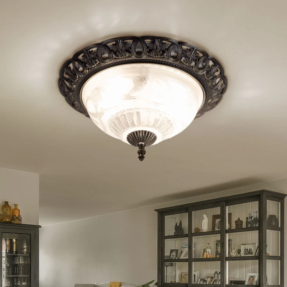 LED Stile Country Alluminio Lampada da Soffitto Argento Antico Terra Vetro Fiori - Immagine 3 di 4