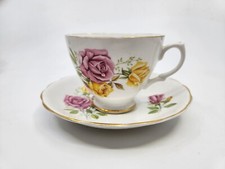 Royal Taunton England Bone China Vintage Pink Yellow Roses Teacup + Saucer