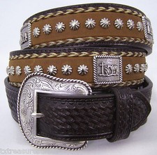 NOCONA BELTS 42 Brown Leather Praying Cowboy Concho Horsehair NailHead Studs NWT