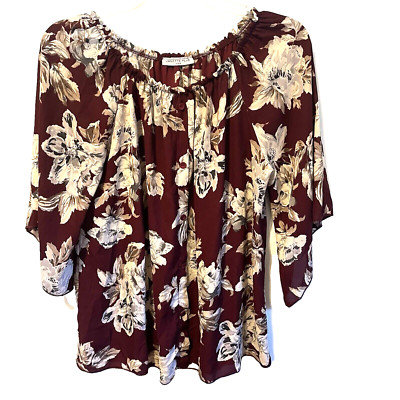 Janette Womens Plus 2X 3X ? Top Shirt Blouse Floral 3/4 Blousy Sleeve Burgundy