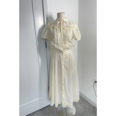 Vintage 70s Gunne Sax Cottage Dress Womens 11 Beige Peter Pan Pearl Buttons