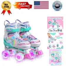 Sulifeel Rainbow Unicorn 4-Size Adjustable Roller Skates - Light-Up Fun for Kids