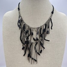 Vintage Y2K Silver Tone Multi Chain Black Beaded Boho Fringe Statement Necklace