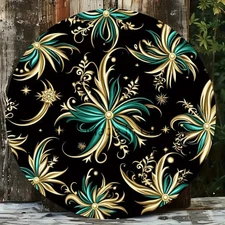 1pc 2D 1pc Metal Round Logo Aluminum Plate, Gorgeous Golden and Green Floral Pat
