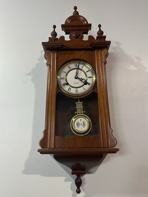 Vintage Wooden Wall Clock Pendulum Regulator Made in Korea Works Key Included