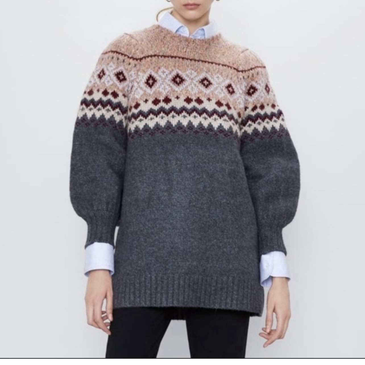 Zara New And Rare Zara Fair Isle knit Balloon Sleeve Jacquard Dress (size M) thumbnail 5