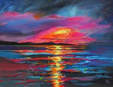 Sunset Ocean Seascape. Original Painting on Canvas. Coastal Art. 11x14" OOAK