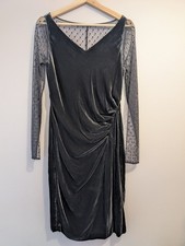 L K Bennett Black Grey Velvet Dress Size 10 Louie Lace/Mesh Sleeves Pencil Party