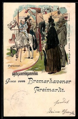 Lithographie Bremerhaven, Volksfest auf dem Freimarkt mit Kinder auf einem Karu 