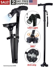 LED Light Folding Walking Cane for Seniors Men/Women Non-Slip T Handle and Strap