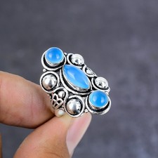 Blue Chalcedony Gemstone 925 Sterling Silver Ring Size 7.5 Gift For Her b527
