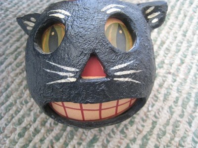 3.5''' PAPIER MACHE HALLOWEEN BLACK CAT BUCKET WITH INSERT C. 1930S