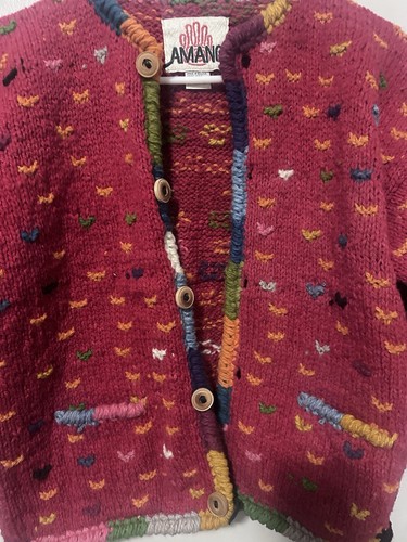 Amano Wool Cardigan Sweater Womens Red Geometric BOHO Bolivia Hand Knit - Picture 2 of 12