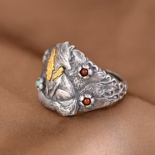 Personalized Silver Jewelry sterling gift Vintage with mens Fox Ring Open