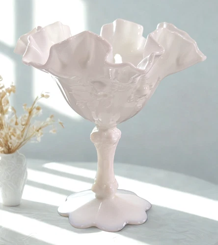 Vintage Fenton White Milk Glass Cabbage Rose Ruffled Rim Compote Pedestal Bowl