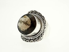 Sterling SIlver Ring with Round Checkerboard Smoky Quartz Rope Designs - 7