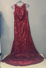 Burgandy Sequins Formal Evening Gown Prom Weddings High Low Slight Flare Sz 8