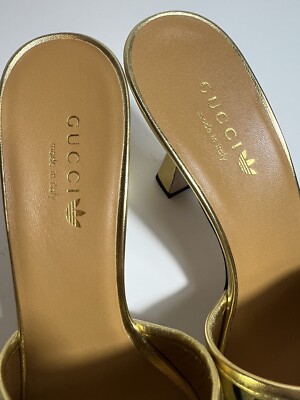 NIB Authentic Gucci X Adidas Metallic Gold Heeled Mules GG Logo EU