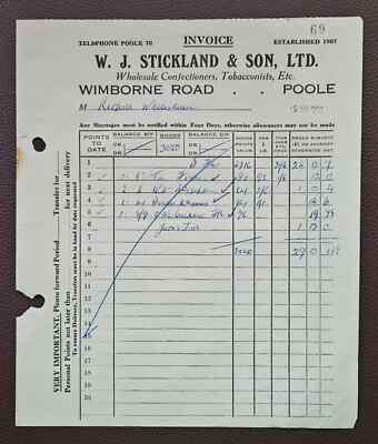 1953 W. J. Stickland, Konditoren & Tabakwaren, Wimborne Rd, Poole Rechnung