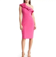 NWT Marina Women s Fuschia Ruffled One Shoulder Dress Knee Length Size 16