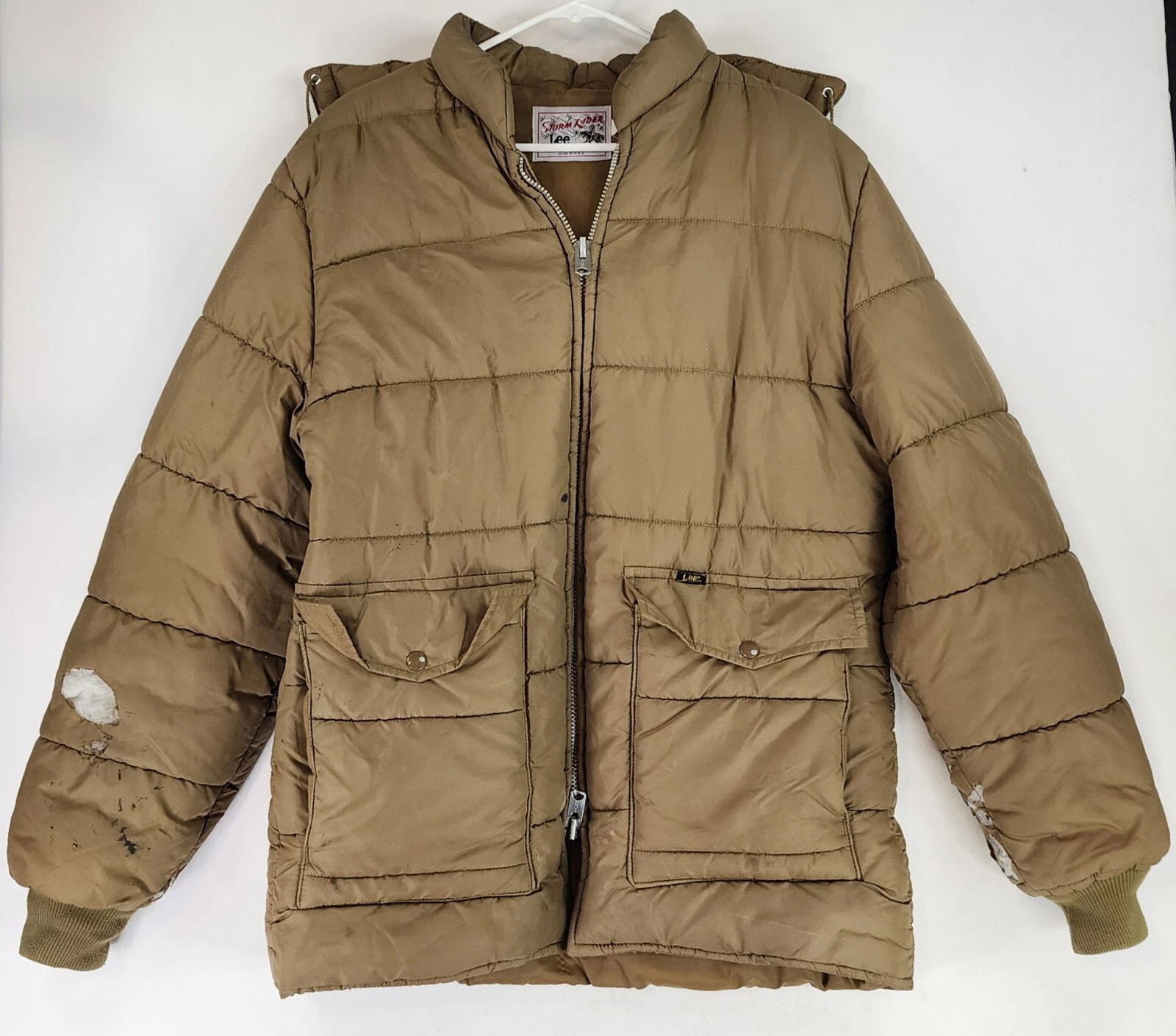 Lee Storm Rider Jacket Mens Large Beige Grunge Torn USA Classic Vintage Puffer