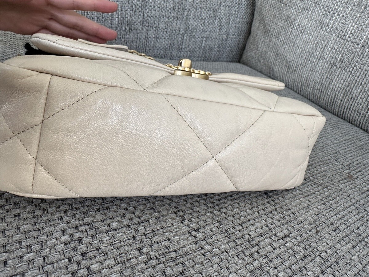 Excellent Used CHANEL 19 Small Flap Bag in Beige Goatskin