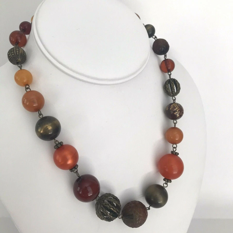 Collar De Colección Robert Rose Cuentas Naranja Verde Latón Grueso Texturizado Firmado Foto 2 de 4