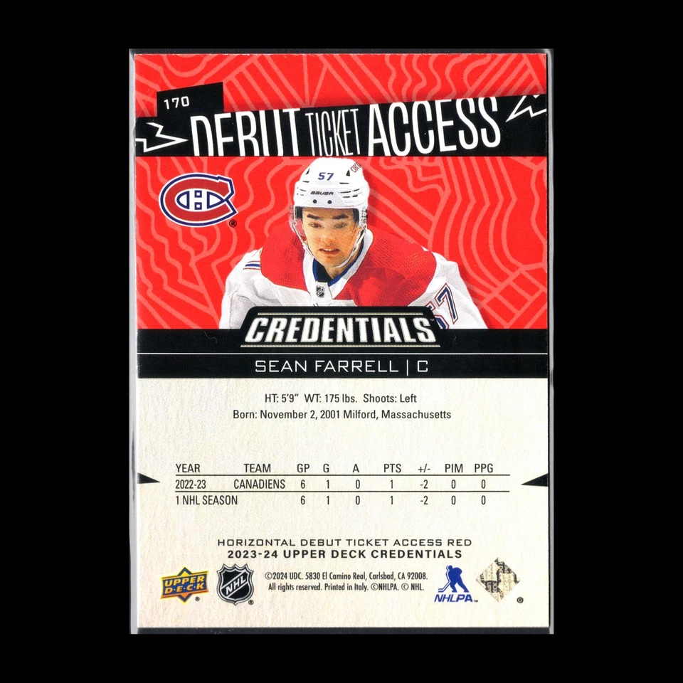 2023-24 UD Credentials SEAN FARRELL #170 Debut Ticket Access Red 109/125 - Image 4 of 4