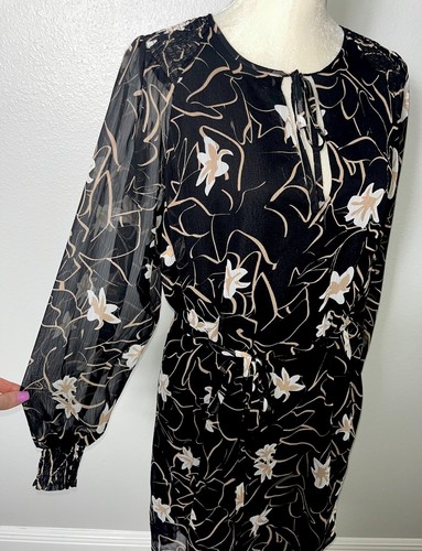 Elizabeth James Chiffon A Line Belted Dress Smocked Floral Sheer Long Sleeve L - Picture 16 of 19