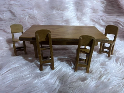 Doll Furniture Barbie Vintage Handmade Wood Dining Table & 4 Chairs