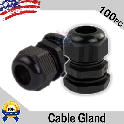100 Pcs PG16 Black Nylon Waterproof Cable Gland 10-14mm Dia w/ Lock-Nut & Gasket