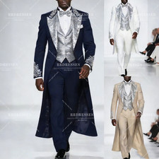 Luxury Men's Long Suit Prom Banquet Sequin Peak Lapel 3Pcs Evening Long Jacket