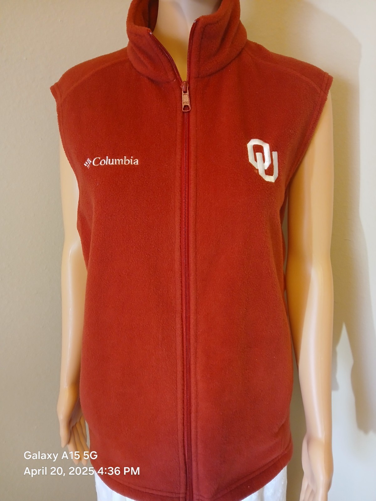 Columbia Men's Zip Up Vest Size Small Oklahoma University Sooners Sleeveless
