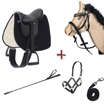 HKM KLEINE Holzpferde Sattel + Glitzer Trensen Halfter Set Gerte bis 145 cm Umfang