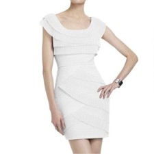 BCBG Maxazria Ivory Pleated Cocktail Midi Dress - Size 6 Petite, Bodycon