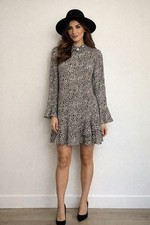 Mango MNG leopard animal print ruffled tiered mini dress 6 long sleeve