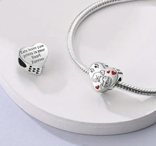 S925 Sterling Silver Cat Lover Paw Prints On Heart Bracelet Charm ~ Gift