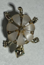 Vintage Turtle Faux Pearl Shell Green Enamel Eyes Pin Brooch Gold Tone 1 "