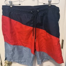Men s Lands End Navy/Red/Blue Drawstring Swim Trunks - Large