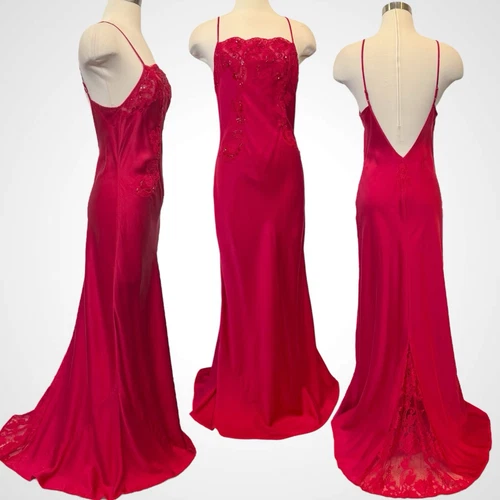 UNDERCOVER Maxi abito slip Victoria’s Secret 2002 seta rosso pizzo trasparente treno senza schiena