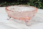 Antique 1930s Pink Etched Glass Saw Tooth Candy Serving Dish Feet