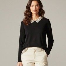 J.Crew Black 100 Cotton Layered Look Sweater Leopard Print Collar Trim Size XXL