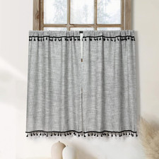 Boho Tassel Kitchen Curtains 36 Inch Length Modern Farmhouse Cotton Linen Short