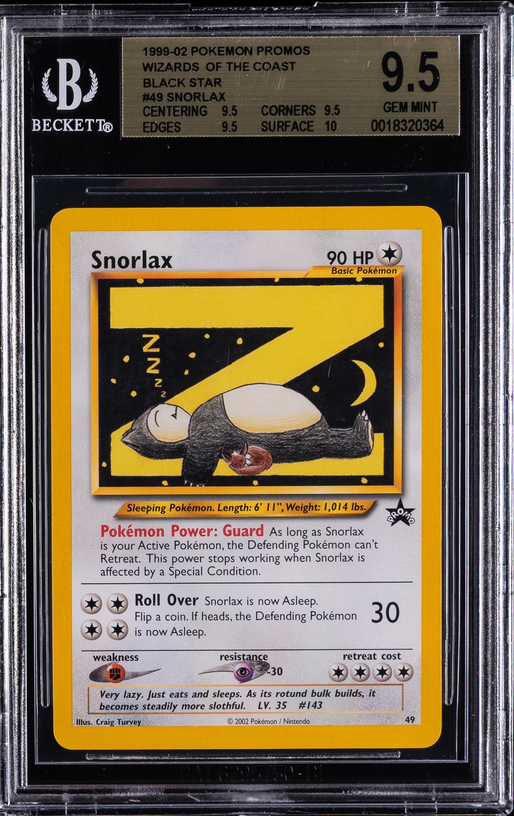 1999-02 POKEMON PROMOS WIZARDS OF THE COAST - BLACK STAR #49 SNORLAX BGS 9.5