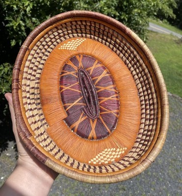 Vintage Handwoven Tribal Coiled Basket Gathering Purple Dyed Boho Scandi Decor
